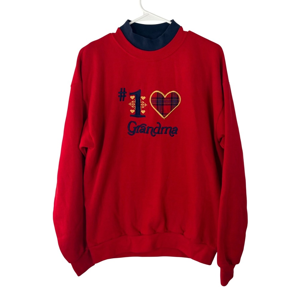 Vintage Pleasant Shade #1 Grandma Mock Neck Sweatshirt Red Plaid Heart Large USA